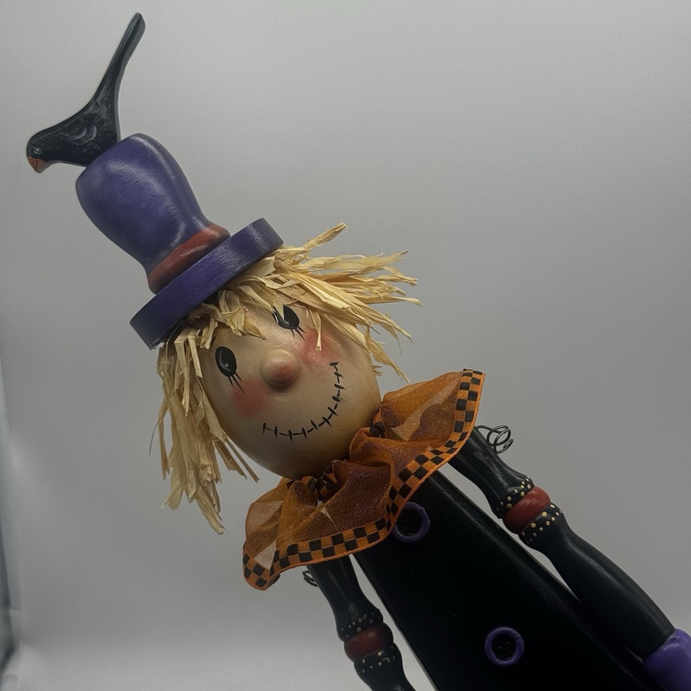 Halloween Scarecrow Crow Zone Figure Hand Painted Wood Articulated Arms Vtg Sign